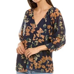 RAMY BROOK Navy Floral 3/4 Sheer Sleeve V-Neck Blouse Size Medium